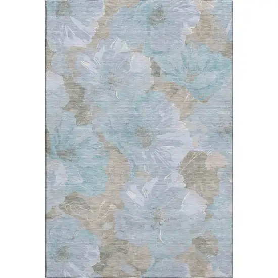 Sky Blue And Taupe Floral Washable Area Rug With UV Protection Photo 1