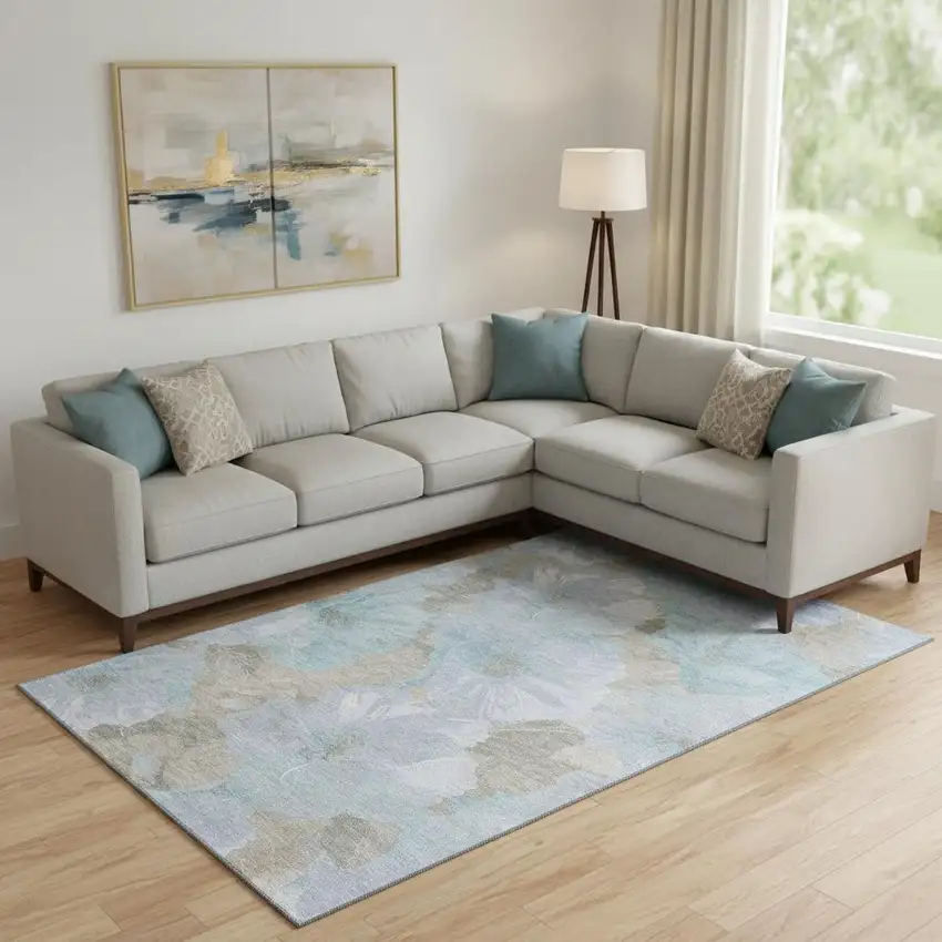 Sky Blue And Taupe Floral Washable Area Rug With UV Protection Photo 2