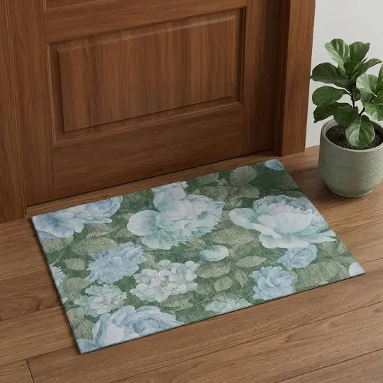 Sky Blue And Taupe Floral Washable Area Rug With UV Protection Photo 1