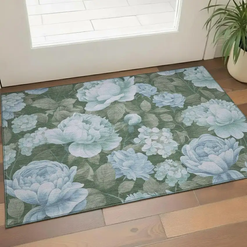Sky Blue And Taupe Floral Washable Area Rug With UV Protection Photo 2