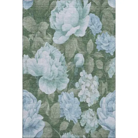 Sky Blue And Taupe Floral Washable Area Rug With UV Protection Photo 1