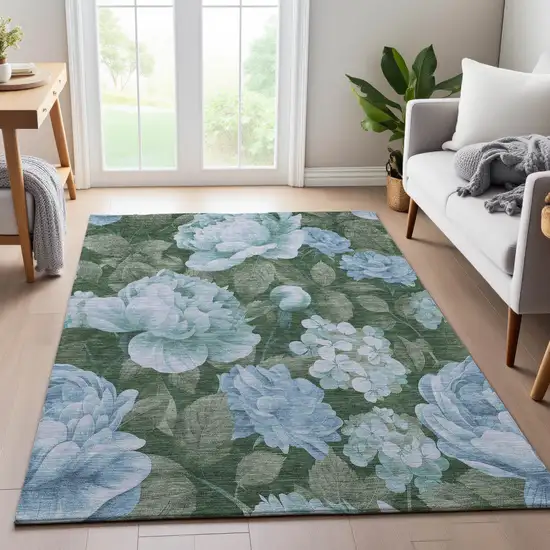 Sky Blue And Taupe Floral Washable Area Rug With UV Protection Photo 5