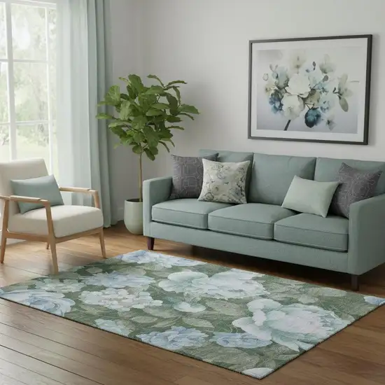 Sky Blue And Taupe Floral Washable Area Rug With UV Protection Photo 2