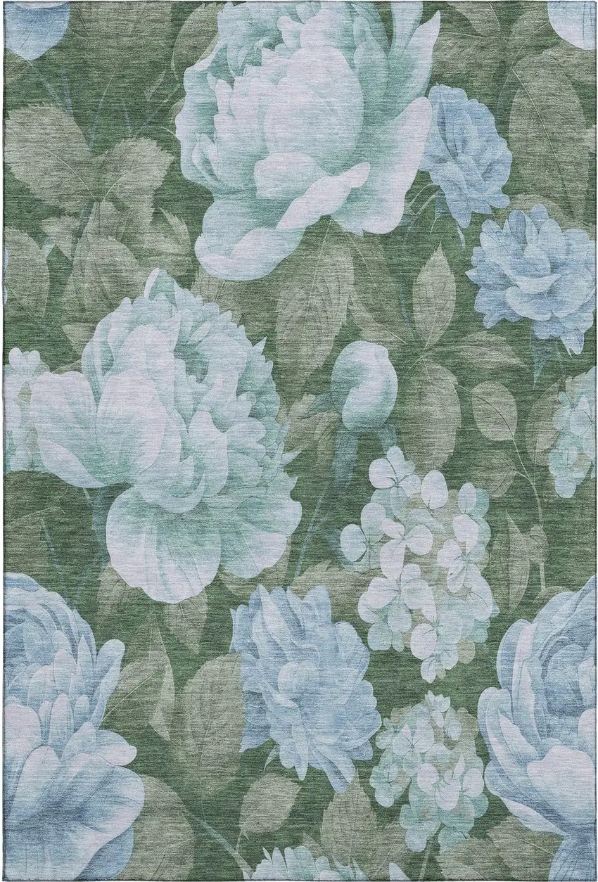 Sky Blue And Taupe Floral Washable Area Rug With UV Protection Photo 1