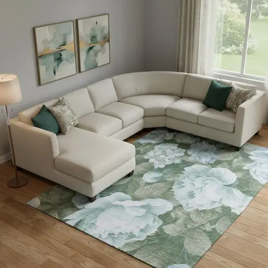 Sky Blue And Taupe Floral Washable Area Rug With UV Protection Photo 2