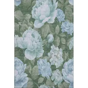 Photo of Sky Blue And Taupe Floral Washable Area Rug With UV Protection