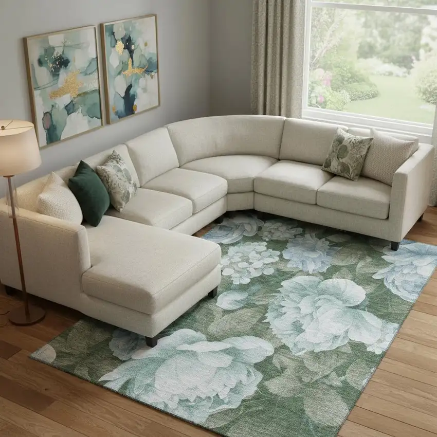 Sky Blue And Taupe Floral Washable Area Rug With UV Protection Photo 2