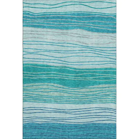 Sky Blue And Teal Blue Striped Washable Area Rug With UV Protection Photo 1