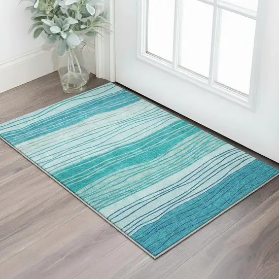 Sky Blue And Teal Blue Striped Washable Area Rug With UV Protection Photo 2