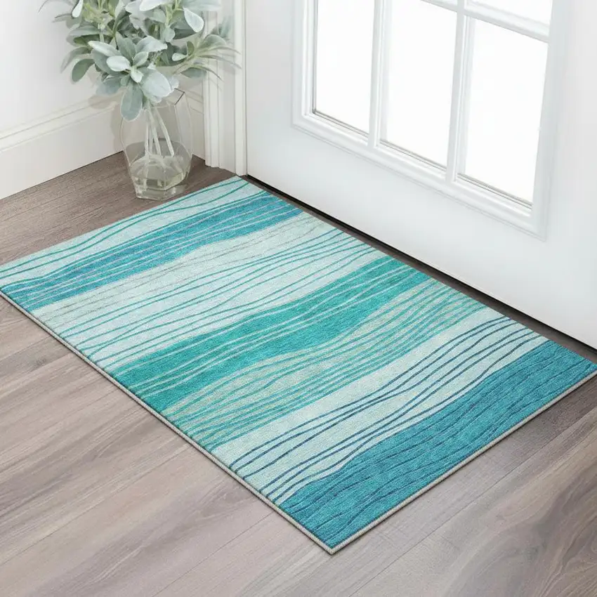 Sky Blue And Teal Blue Striped Washable Area Rug With UV Protection Photo 2
