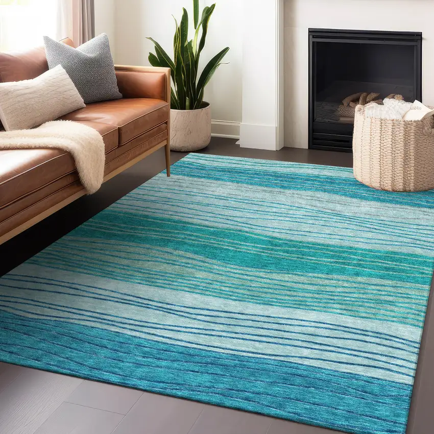 Sky Blue And Teal Blue Striped Washable Area Rug With UV Protection Photo 5