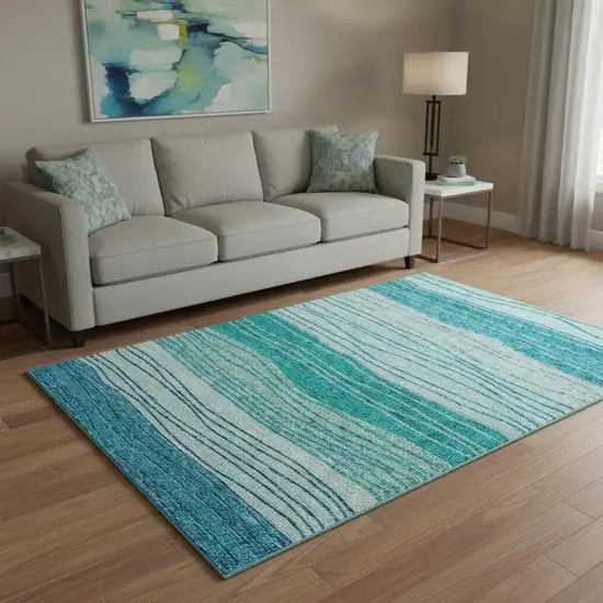Sky Blue And Teal Blue Striped Washable Area Rug With UV Protection Photo 2
