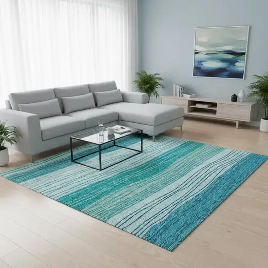 Sky Blue And Teal Blue Striped Washable Area Rug With UV Protection Photo 2