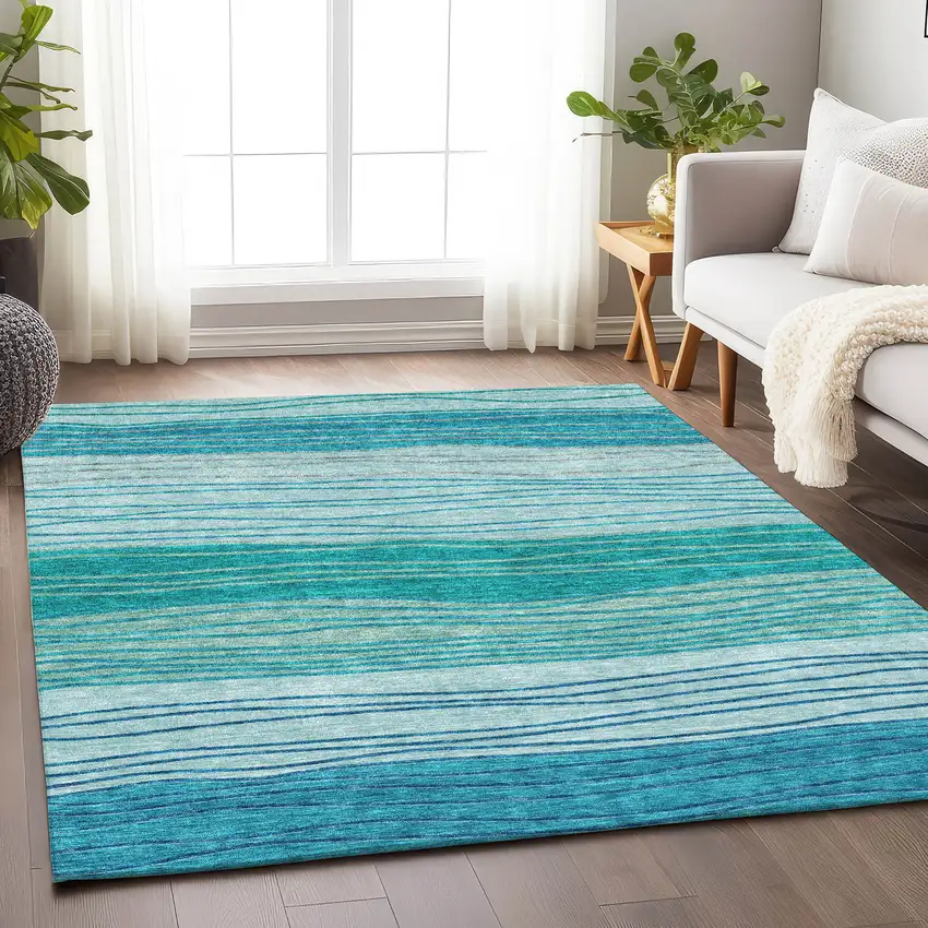 Sky Blue And Teal Blue Striped Washable Area Rug With UV Protection Photo 4