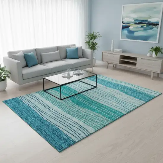 Sky Blue And Teal Blue Striped Washable Area Rug With UV Protection Photo 2