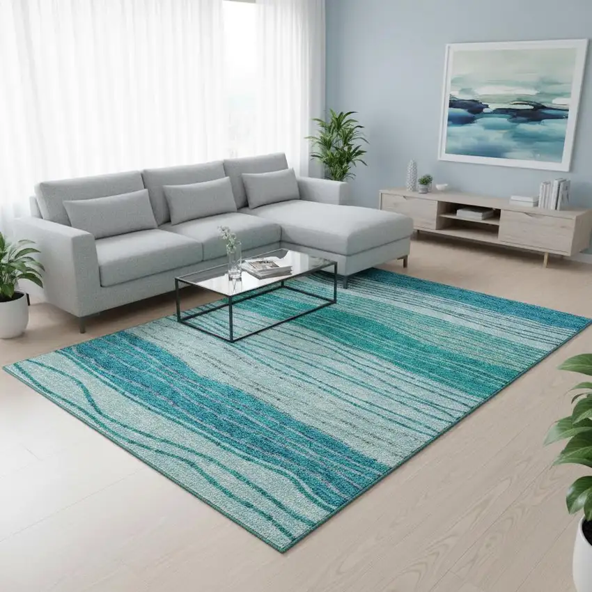 Sky Blue And Teal Blue Striped Washable Area Rug With UV Protection Photo 2
