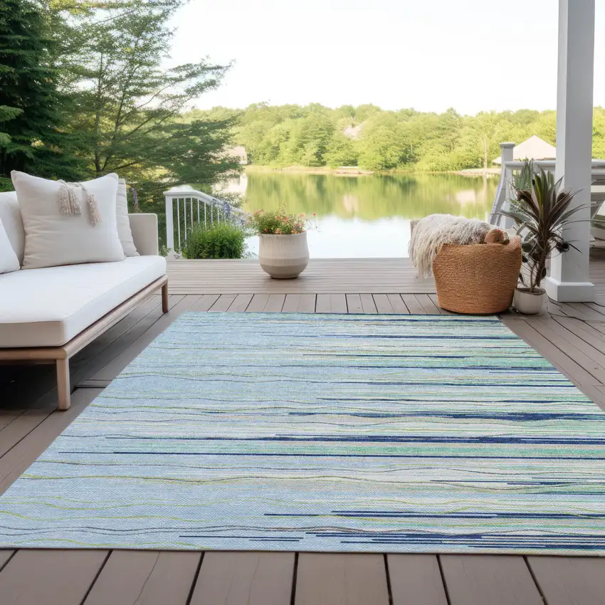 Sky Blue Aqua And Gray Striped Washable Indoor Outdoor Area Rug Photo 9