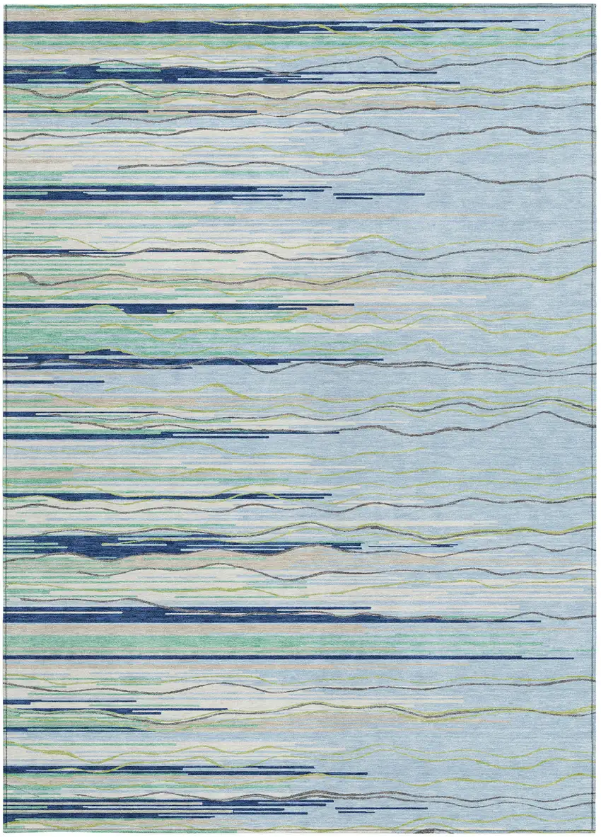 Sky Blue Aqua And Gray Striped Washable Indoor Outdoor Area Rug Photo 6