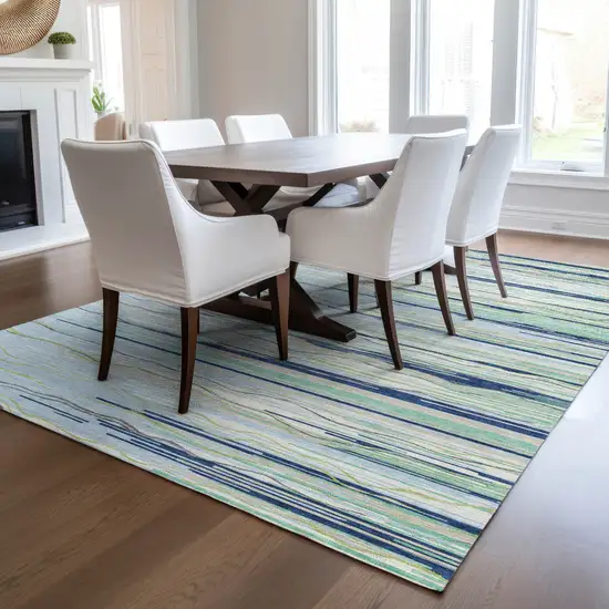 Sky Blue Aqua And Gray Striped Washable Indoor Outdoor Area Rug Photo 9