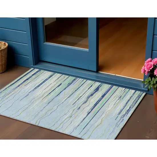 Sky Blue Aqua And Gray Striped Washable Indoor Outdoor Area Rug Photo 1