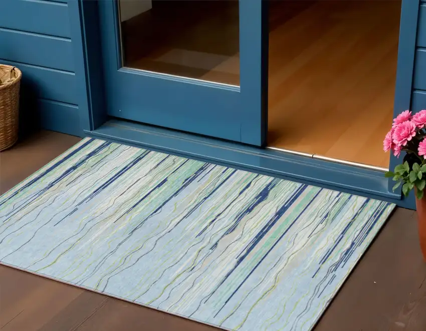 Sky Blue Aqua And Gray Striped Washable Indoor Outdoor Area Rug Photo 1