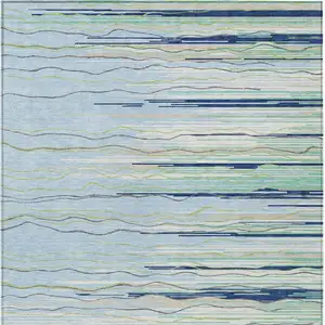 Photo of Sky Blue Aqua And Gray Striped Washable Indoor Outdoor Area Rug