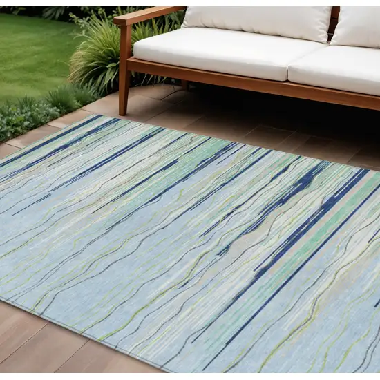 Sky Blue Aqua And Gray Striped Washable Indoor Outdoor Area Rug Photo 1
