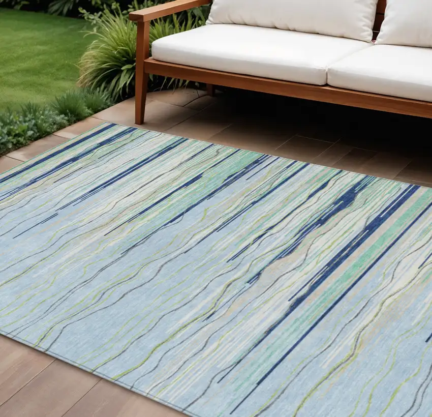 Sky Blue Aqua And Gray Striped Washable Indoor Outdoor Area Rug Photo 1