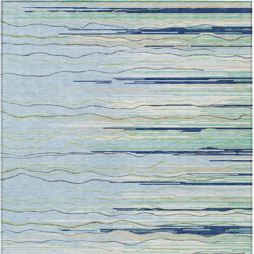 Sky Blue Aqua And Gray Striped Washable Indoor Outdoor Area Rug Photo 7