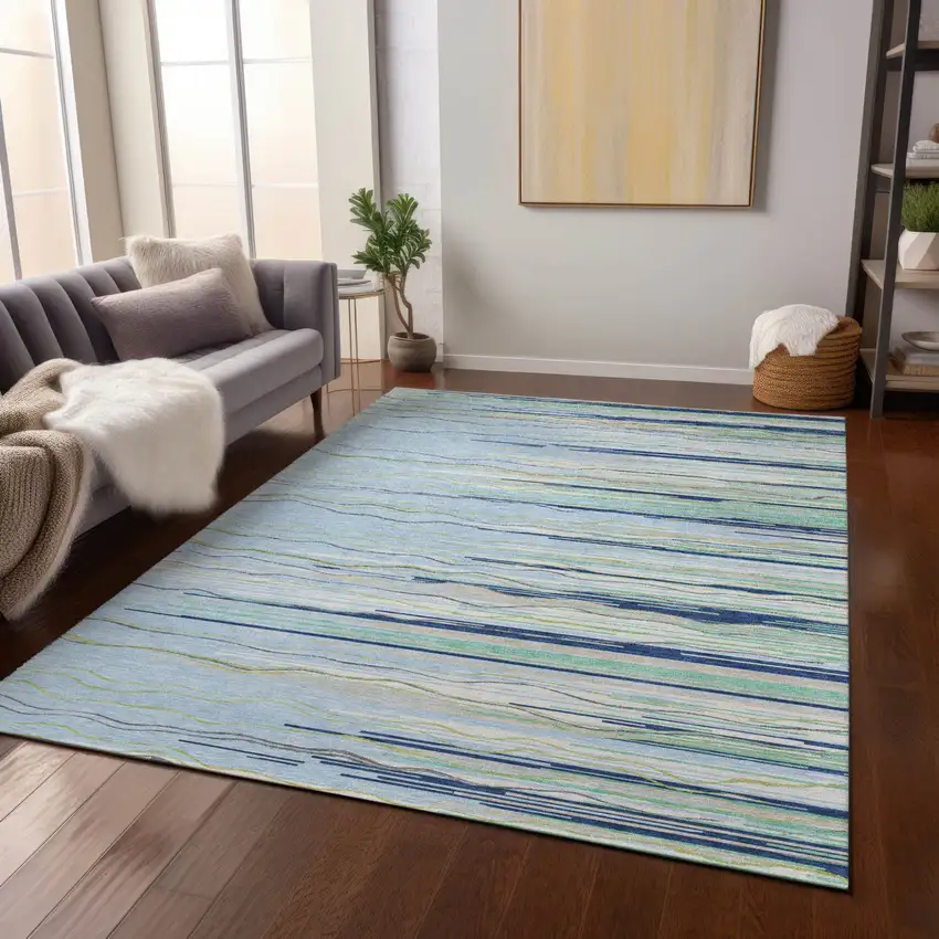 Sky Blue Aqua And Gray Striped Washable Indoor Outdoor Area Rug Photo 9
