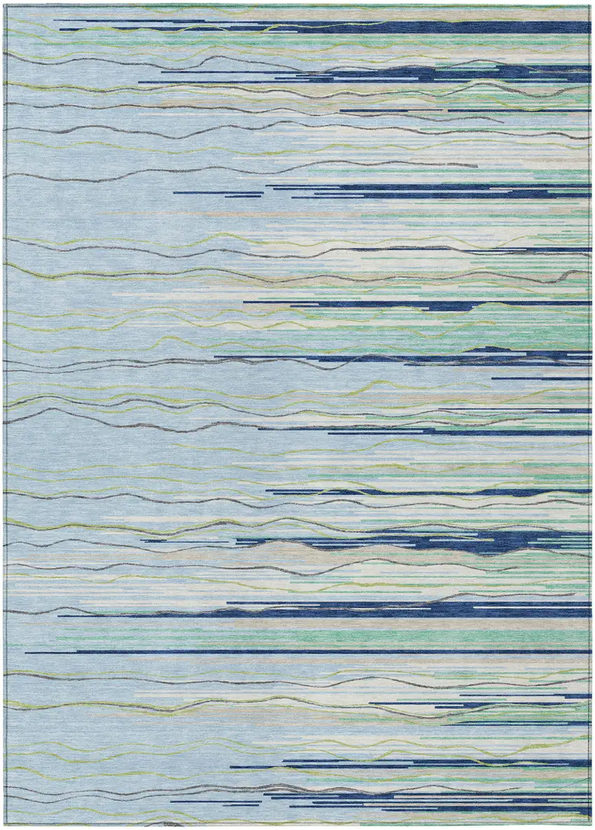 Sky Blue Aqua And Gray Striped Washable Indoor Outdoor Area Rug Photo 2