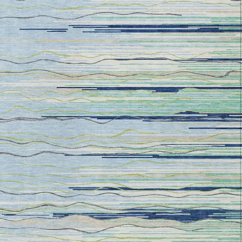 Sky Blue Aqua And Gray Striped Washable Indoor Outdoor Area Rug Photo 6