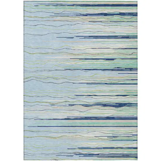 Sky Blue Aqua And Gray Striped Washable Indoor Outdoor Area Rug Photo 2