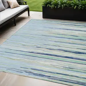Photo of Sky Blue Aqua And Gray Striped Washable Indoor Outdoor Area Rug