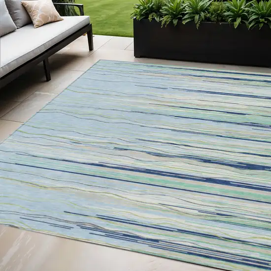 Sky Blue Aqua And Gray Striped Washable Indoor Outdoor Area Rug Photo 1