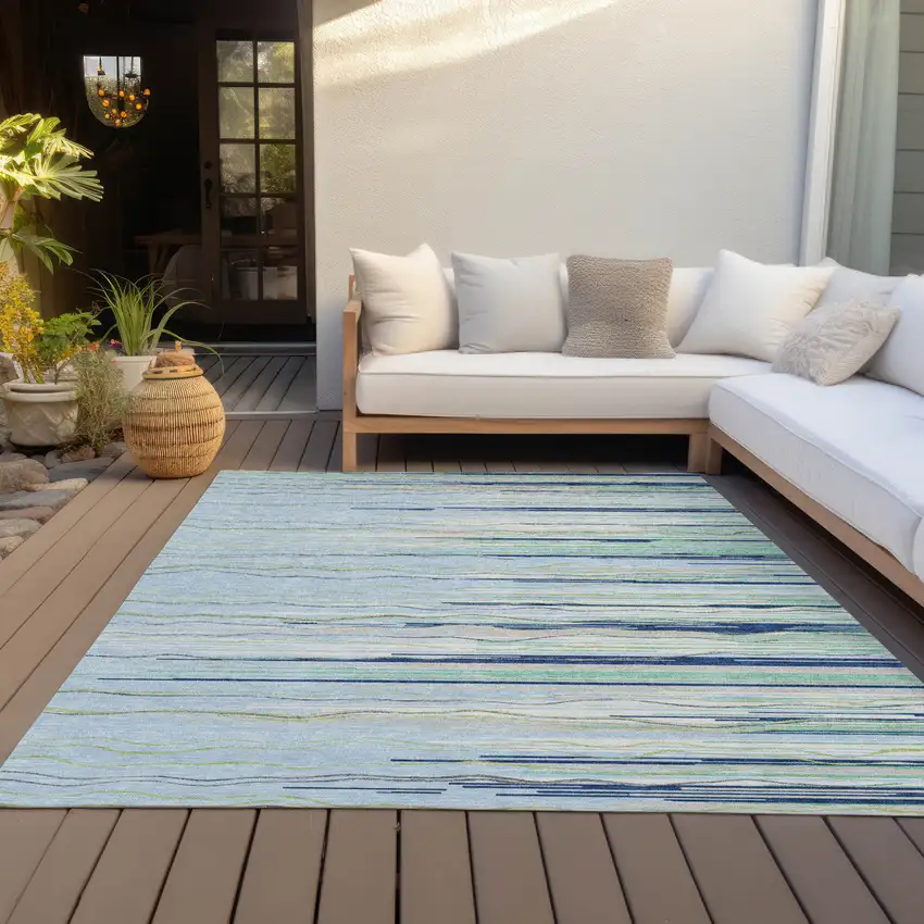 Sky Blue Aqua And Gray Striped Washable Indoor Outdoor Area Rug Photo 8