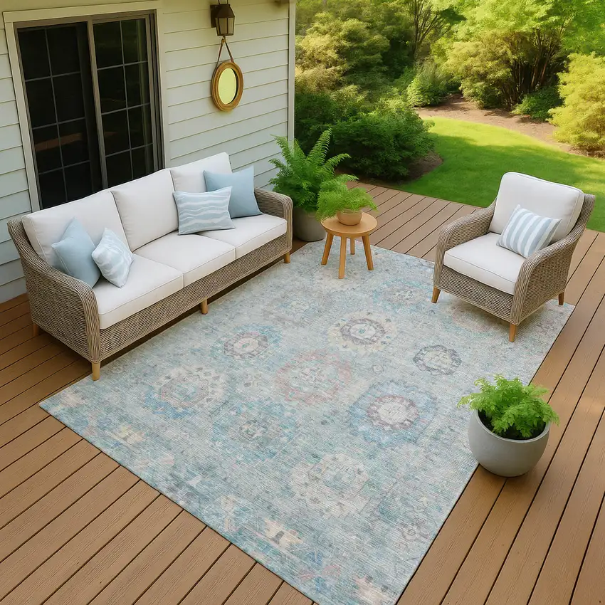 Sky Blue Beige And Blush Medallion Washable Indoor Outdoor Area Rug Photo 7