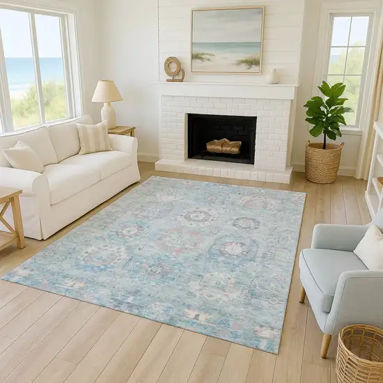 Sky Blue Beige And Blush Medallion Washable Indoor Outdoor Area Rug Photo 8