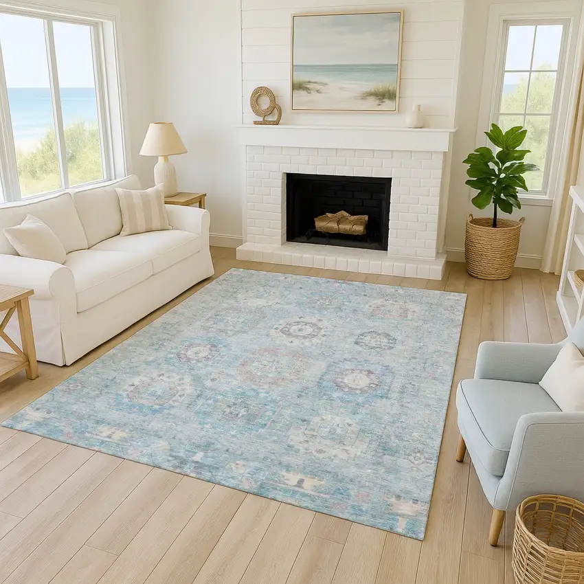 Sky Blue Beige And Blush Medallion Washable Indoor Outdoor Area Rug Photo 8