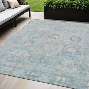 Photo of Sky Blue Beige And Blush Medallion Washable Indoor Outdoor Area Rug