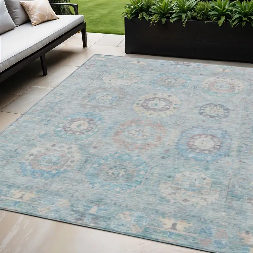 Sky Blue Beige And Blush Medallion Washable Indoor Outdoor Area Rug Photo 1