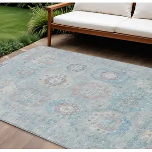 Photo of Sky Blue Beige And Blush Medallion Washable Indoor Outdoor Area Rug