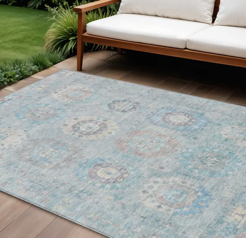 Sky Blue Beige And Blush Medallion Washable Indoor Outdoor Area Rug Photo 1