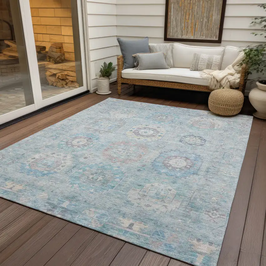 Sky Blue Beige And Blush Medallion Washable Indoor Outdoor Area Rug Photo 9