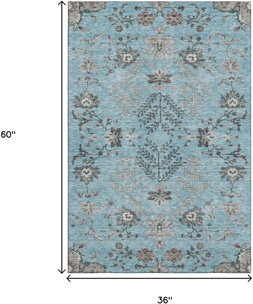 Sky Blue Beige And Gray Floral Washable Area Rug With UV Protection Photo 3