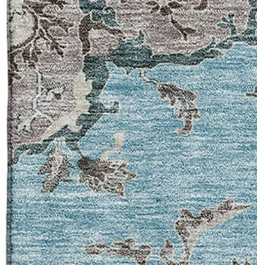 Sky Blue Beige And Gray Floral Washable Area Rug With UV Protection Photo 2