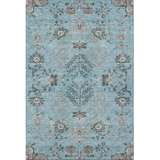 Sky Blue Beige And Gray Floral Washable Area Rug With UV Protection Photo 3