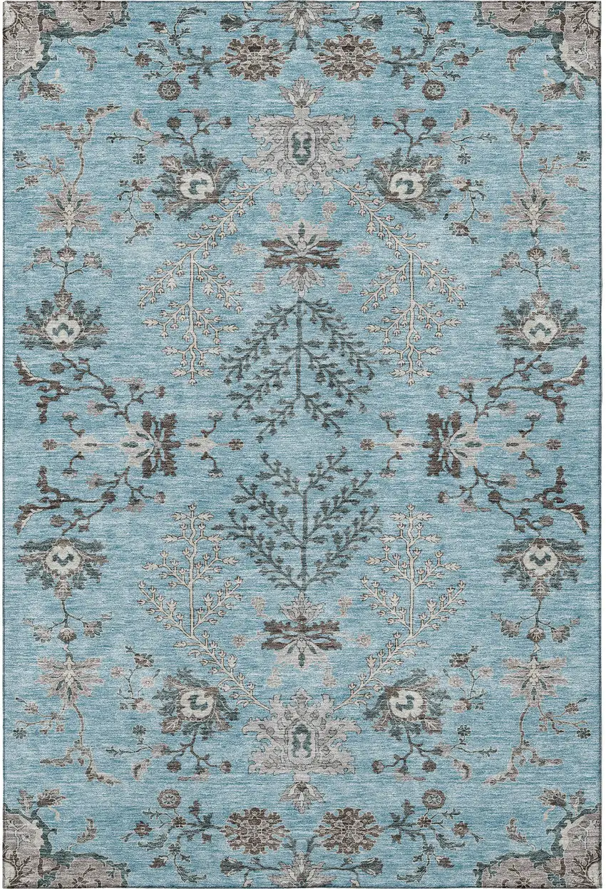 Sky Blue Beige And Gray Floral Washable Area Rug With UV Protection Photo 3