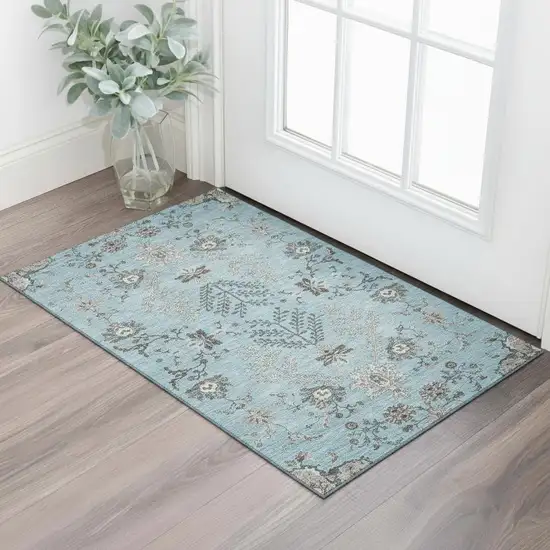 Sky Blue Beige And Gray Floral Washable Area Rug With UV Protection Photo 2