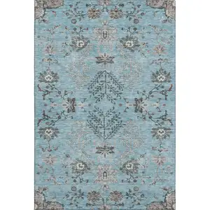 Photo of Sky Blue Beige And Gray Floral Washable Area Rug With UV Protection